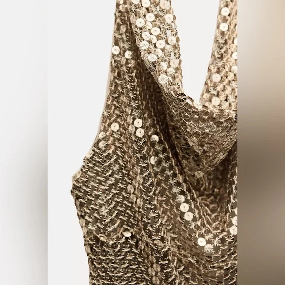 Zara Elegant Gold Sequin Gown halter plunge neck maxi bodycon evening dress - Picture 5 of 10